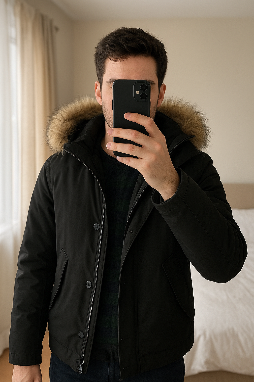 Veste Polo Ralph Lauren black debout, face à la caméra, dans une chambre à la lumière douce, avec une lumière naturelle filtrant par la fenêtre.