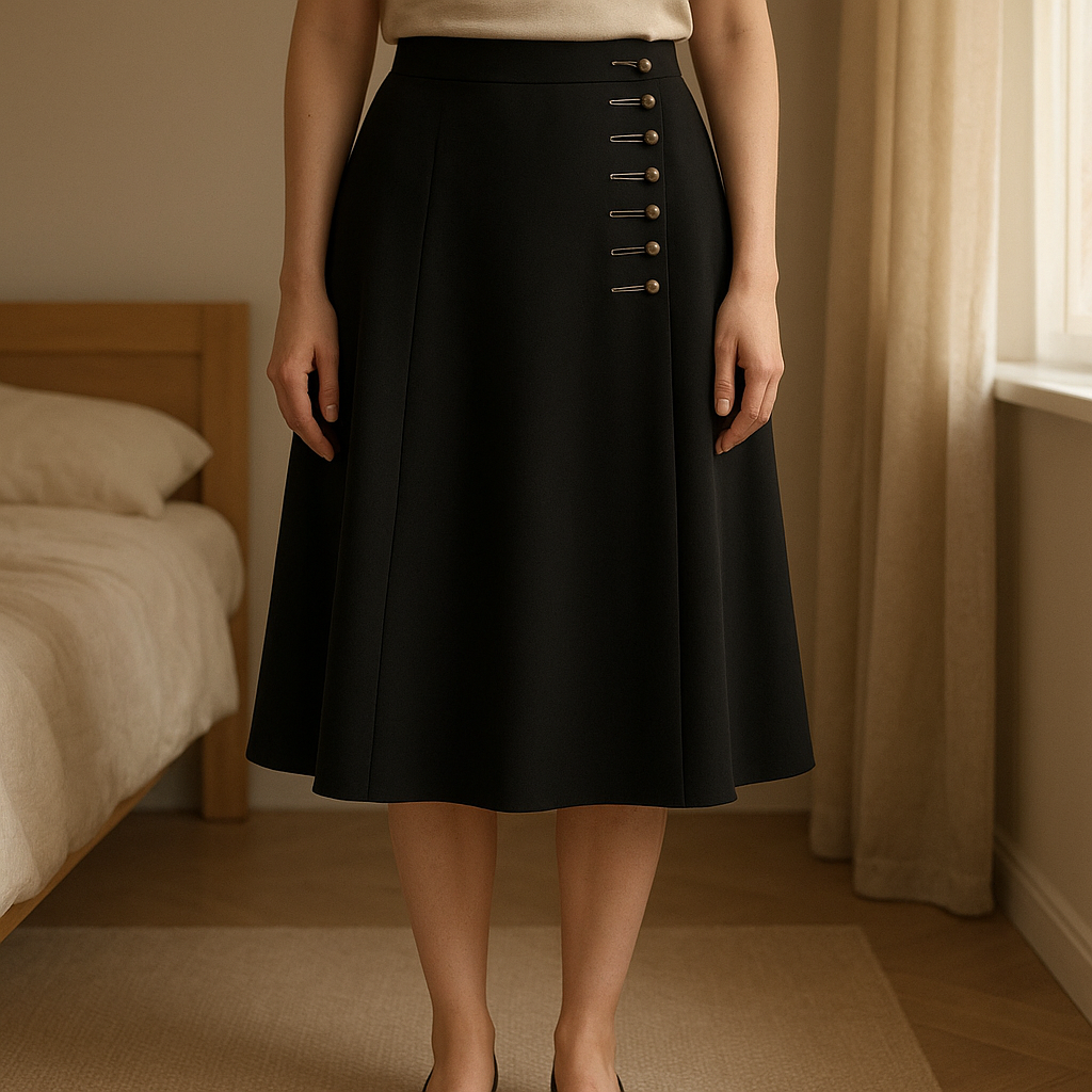 Dark brown wrap skirt size 38EU/ 10UK/ M standing straight facing the camera, in a softly lit bedroom setting, with gentle natural light filtering through a window.