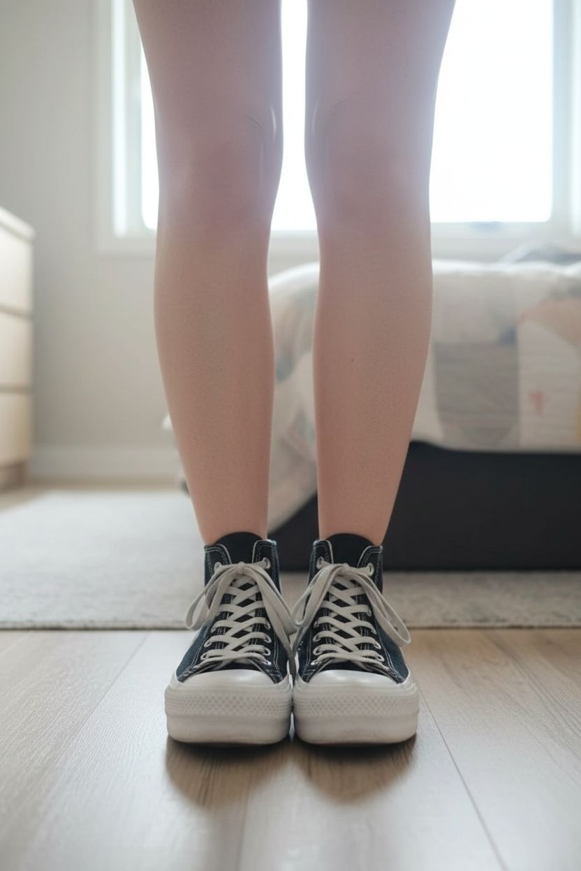 Converse de pie, mirando a la cámara, en un dormitorio con luz suave y natural filtrándose por la ventana.