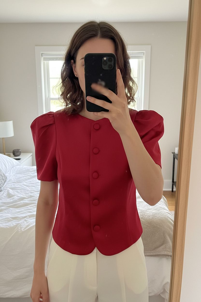 A person in Ženski H&M red top standing straight facing the camera, in a softly lit bedroom setting, with gentle natural light filtering through a window.