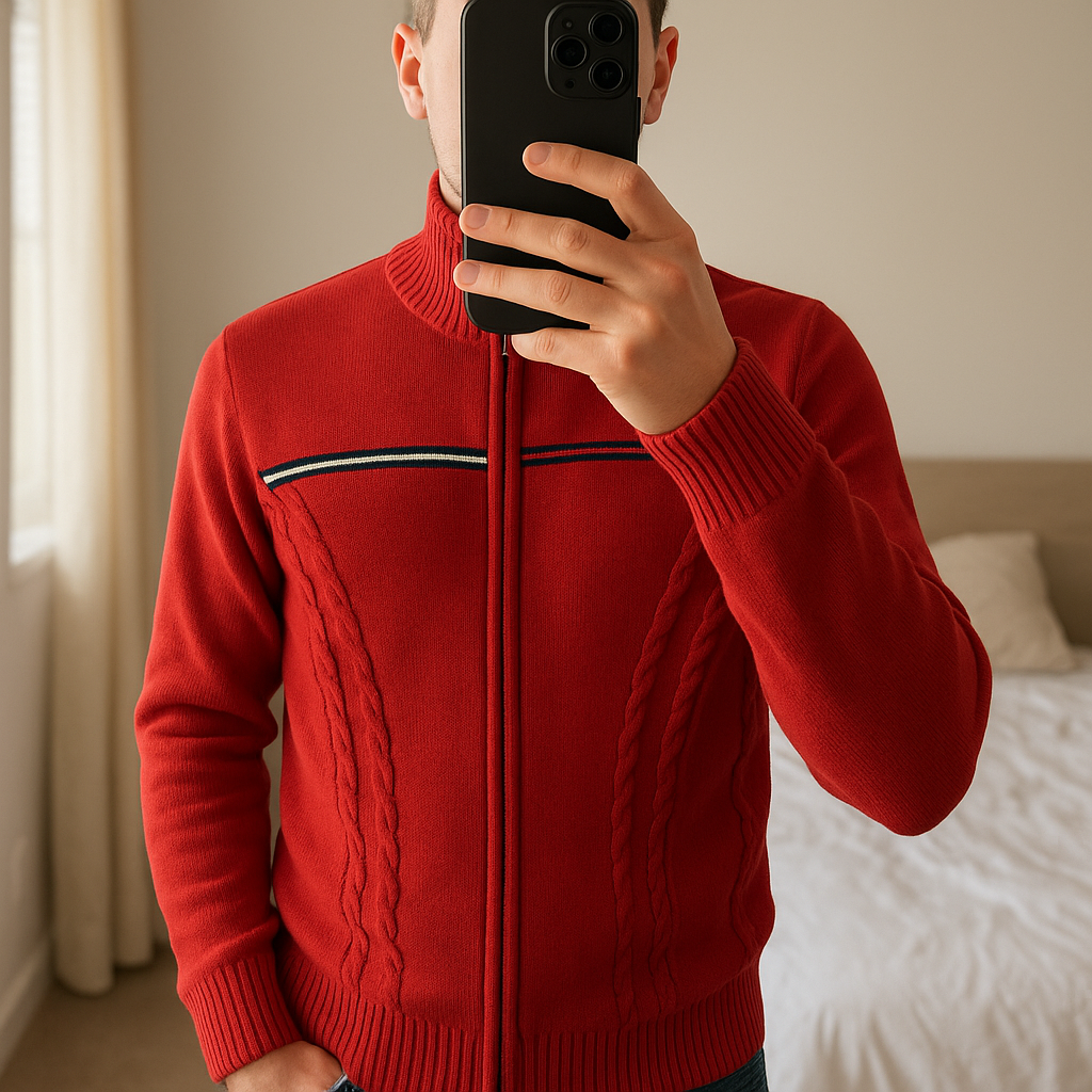 Gilet Tommy Hilfiger homme M – rouge debout, face à la caméra, dans une chambre à la lumière douce, avec une lumière naturelle filtrant par la fenêtre.