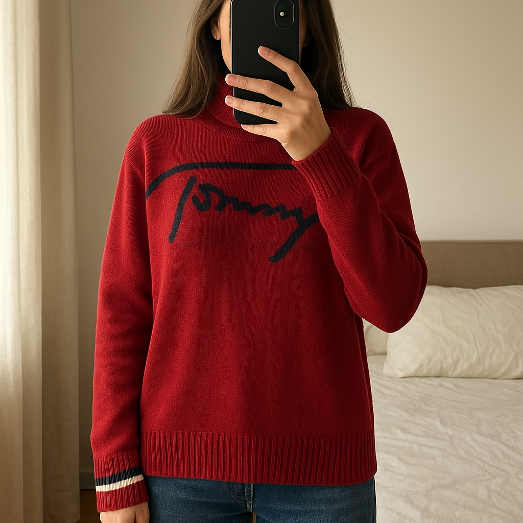 Pull Col Roulé Tommy Hilfiger Rouge M debout, face à la caméra, dans une chambre à la lumière douce, avec une lumière naturelle filtrant par la fenêtre.