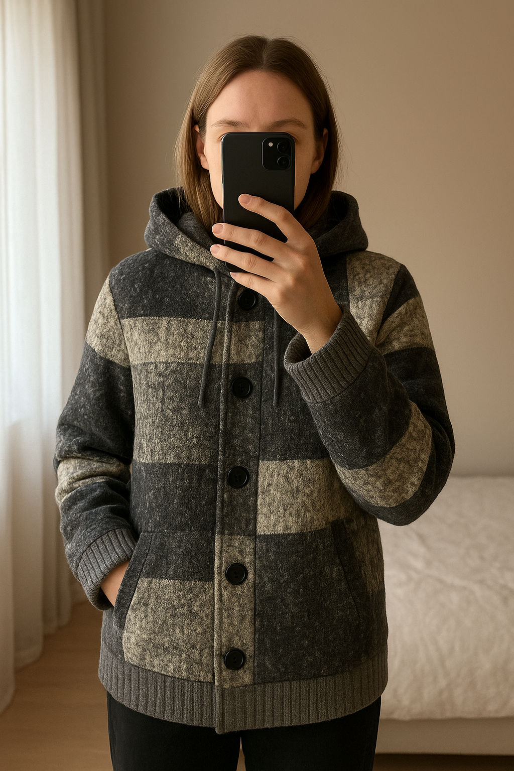 Veste tendance à capuche debout, face à la caméra, dans une chambre à la lumière douce, avec une lumière naturelle filtrant par la fenêtre.