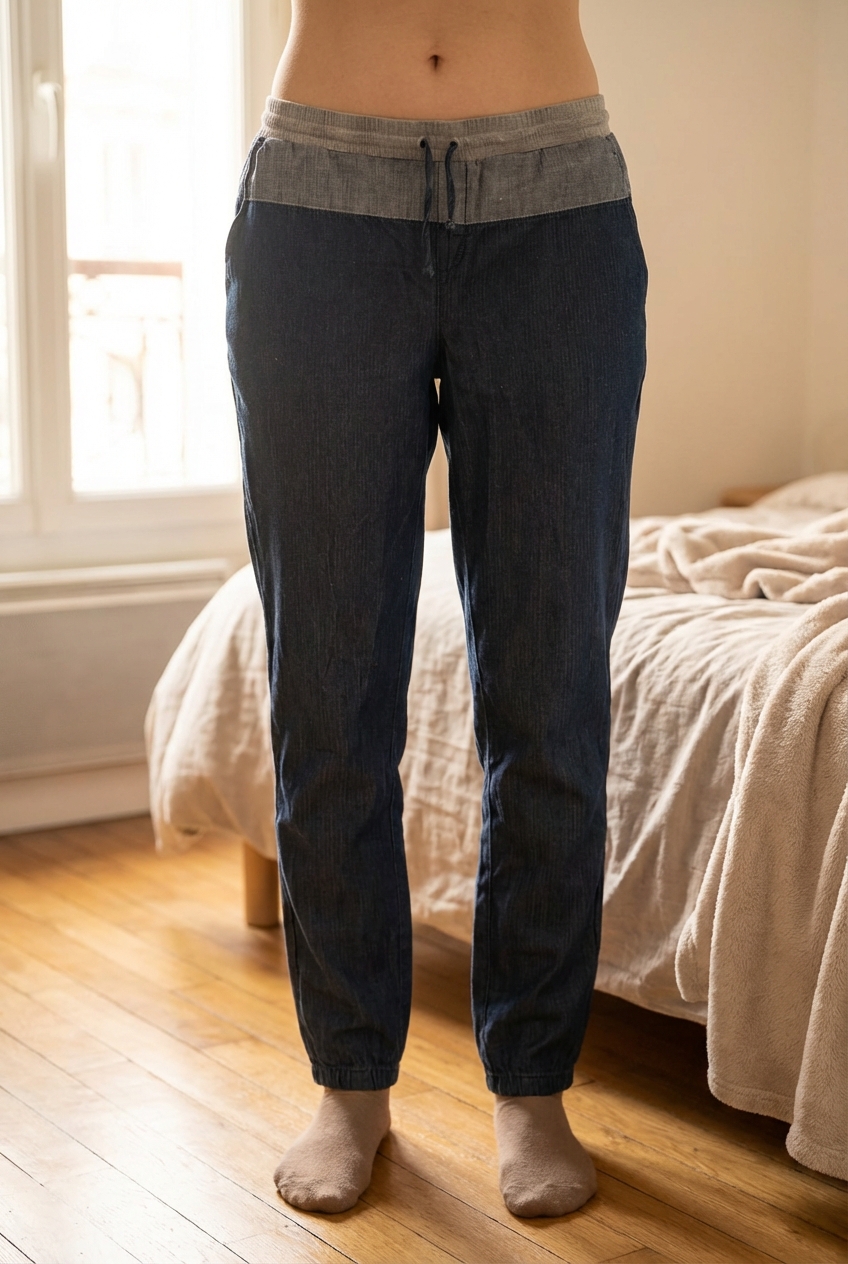 Pantalon femme esprit taille 42 debout, face à la caméra, dans une chambre à la lumière douce, avec une lumière naturelle filtrant par la fenêtre.