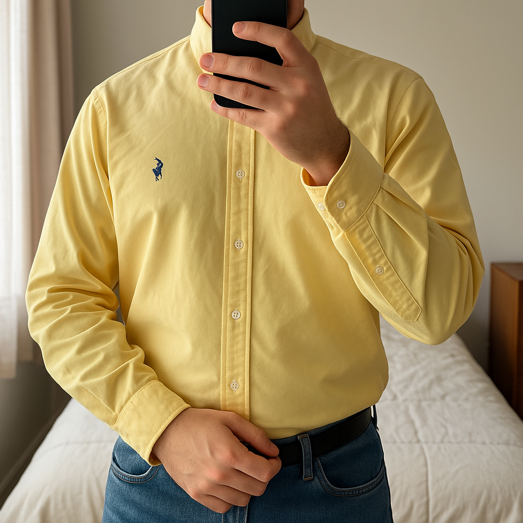 Chemise Unie Polo Ralph Lauren Blake 100% Cotton Jaune XL debout, face à la caméra, dans une chambre à la lumière douce, avec une lumière naturelle filtrant par la fenêtre.