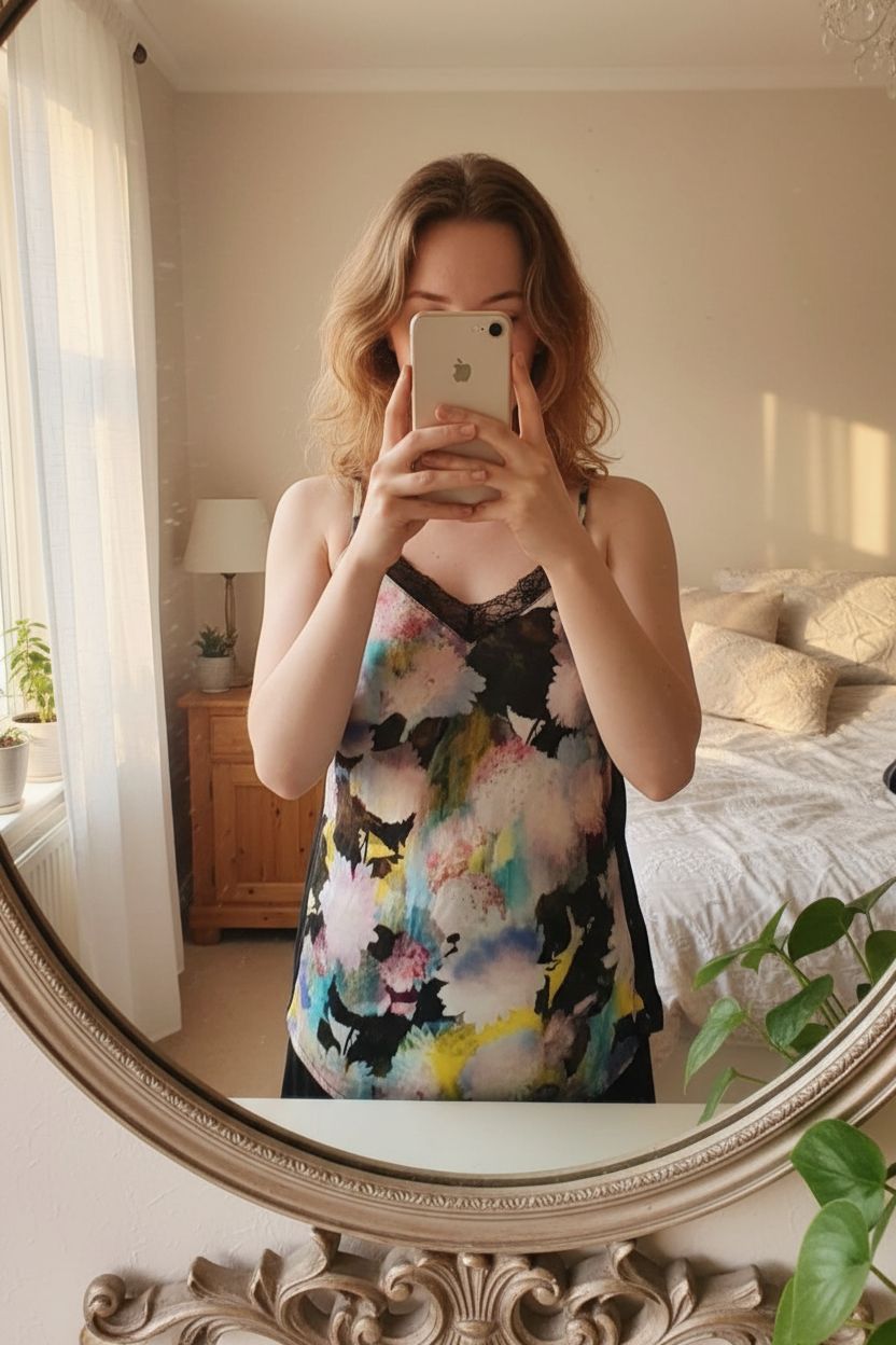 Warehouse Camisole UK16 Floral fairycore Y2K Silky Lace Trim whimsigoth pastel goth fairy grunge standing straight facing the camera, in a softly lit bedroom setting, with gentle natural light filtering through a window.