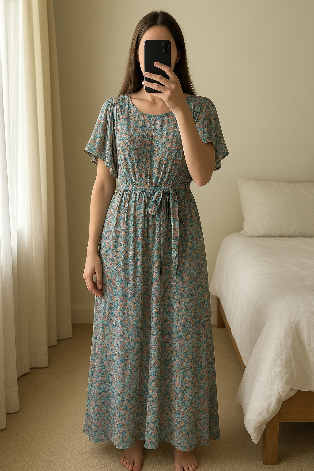 Robe maxi fluide à ceinture - fleurs scintillantes debout, face à la caméra, dans une chambre à la lumière douce, avec une lumière naturelle filtrant par la fenêtre.