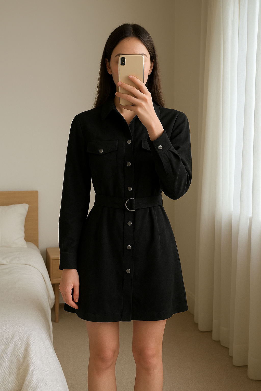 Vestito scamosciato nero in piedi, rivolto verso la fotocamera, in una camera da letto con luce soffusa e luce naturale che filtra dalla finestra.