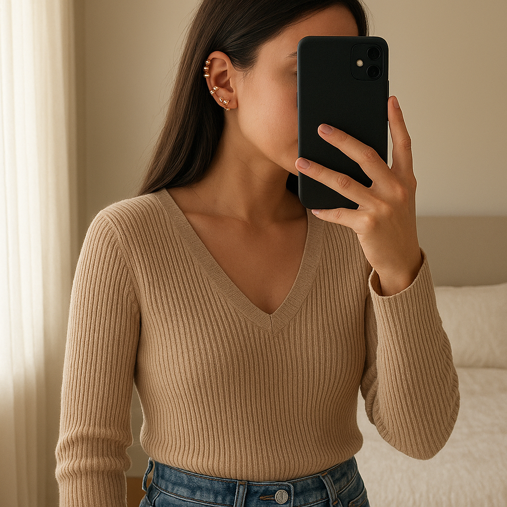 Une personne en Lot de boucles d’oreilles ear cuffs dorées papillon & strass debout, face à la caméra, dans une chambre à la lumière douce, avec une lumière naturelle filtrant par la fenêtre.