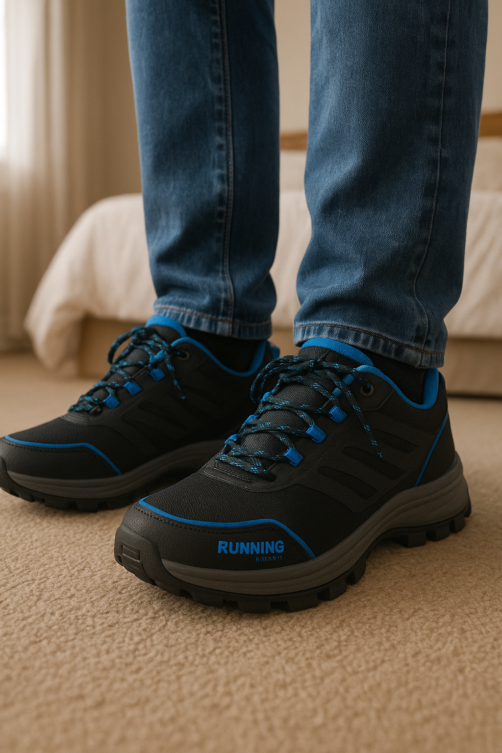 Baskets de sport Atlas For Men – 40 debout, face à la caméra, dans une chambre à la lumière douce, avec une lumière naturelle filtrant par la fenêtre.