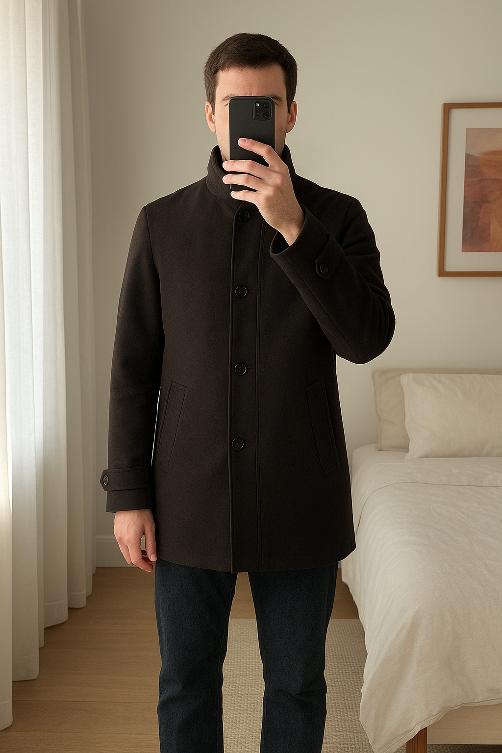Manteau noir hiver devrez debout, face à la caméra, dans une chambre à la lumière douce, avec une lumière naturelle filtrant par la fenêtre.