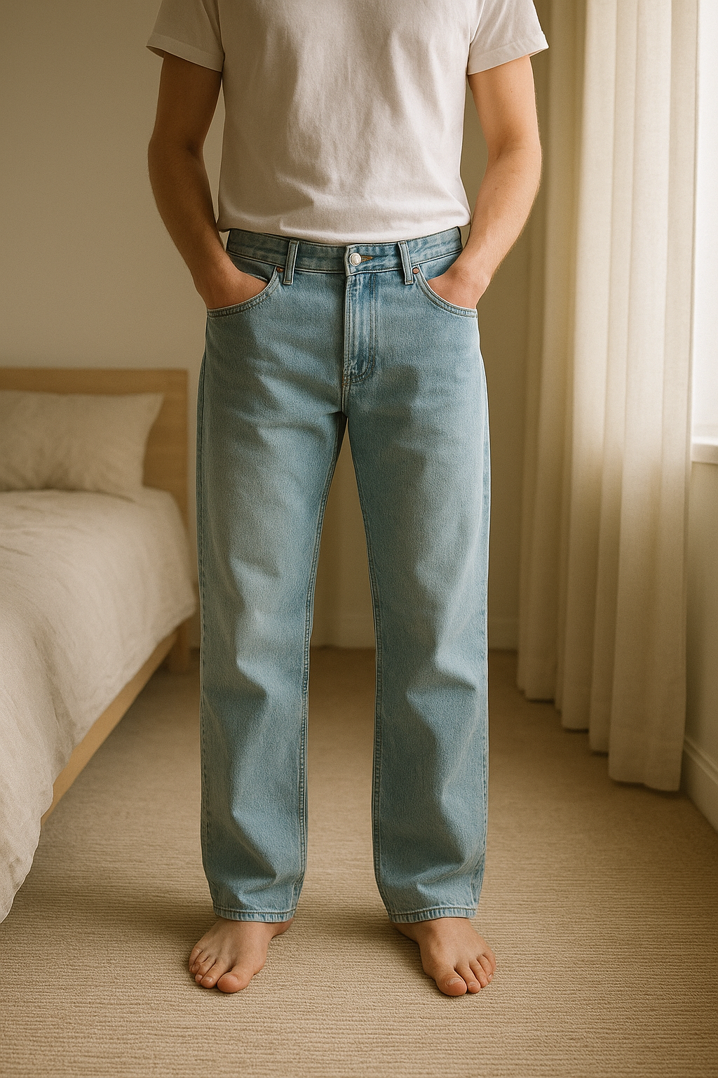 Jeans bleu claire debout, face à la caméra, dans une chambre à la lumière douce, avec une lumière naturelle filtrant par la fenêtre.