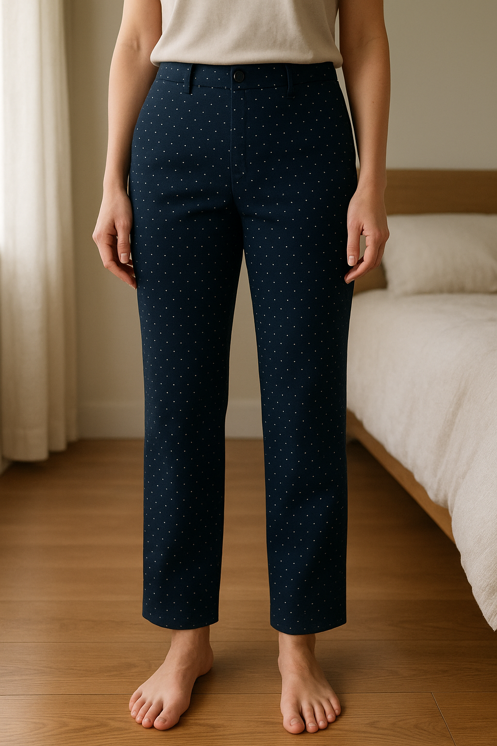 Pantalon droit noir et blanc zara taille M debout, face à la caméra, dans une chambre à la lumière douce, avec une lumière naturelle filtrant par la fenêtre.