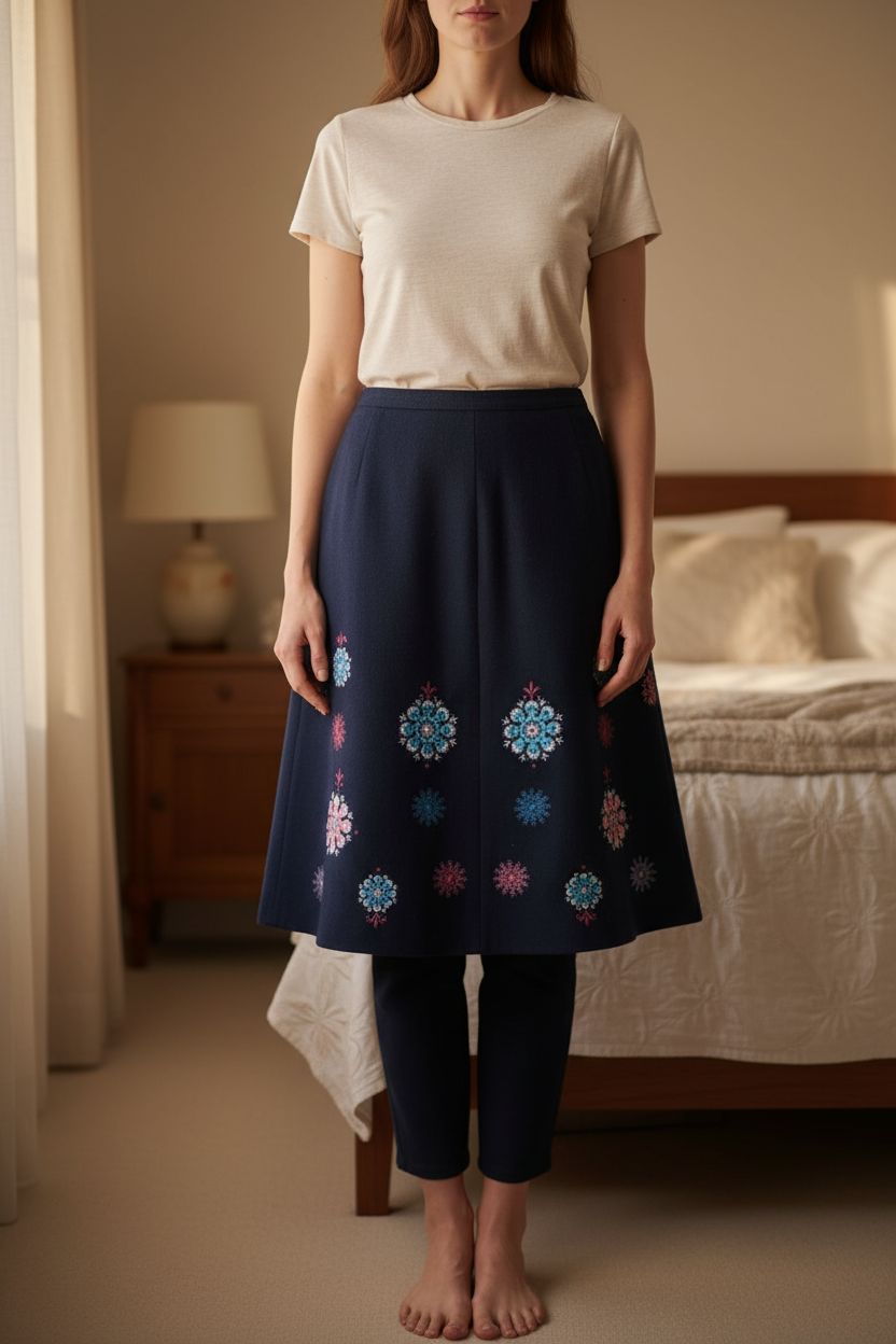 Vintage Laura Ashley navy wool skirt size 12 winter weight embroidered folk flowers cottagecore standing straight facing the camera, in a softly lit bedroom setting, with gentle natural light filtering through a window.