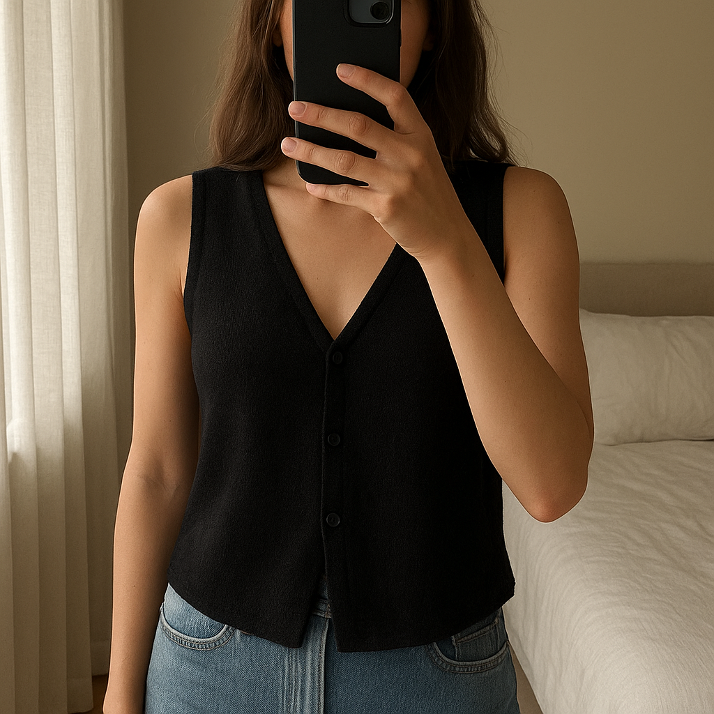 Haut Primark Noir T34 debout, face à la caméra, dans une chambre à la lumière douce, avec une lumière naturelle filtrant par la fenêtre.