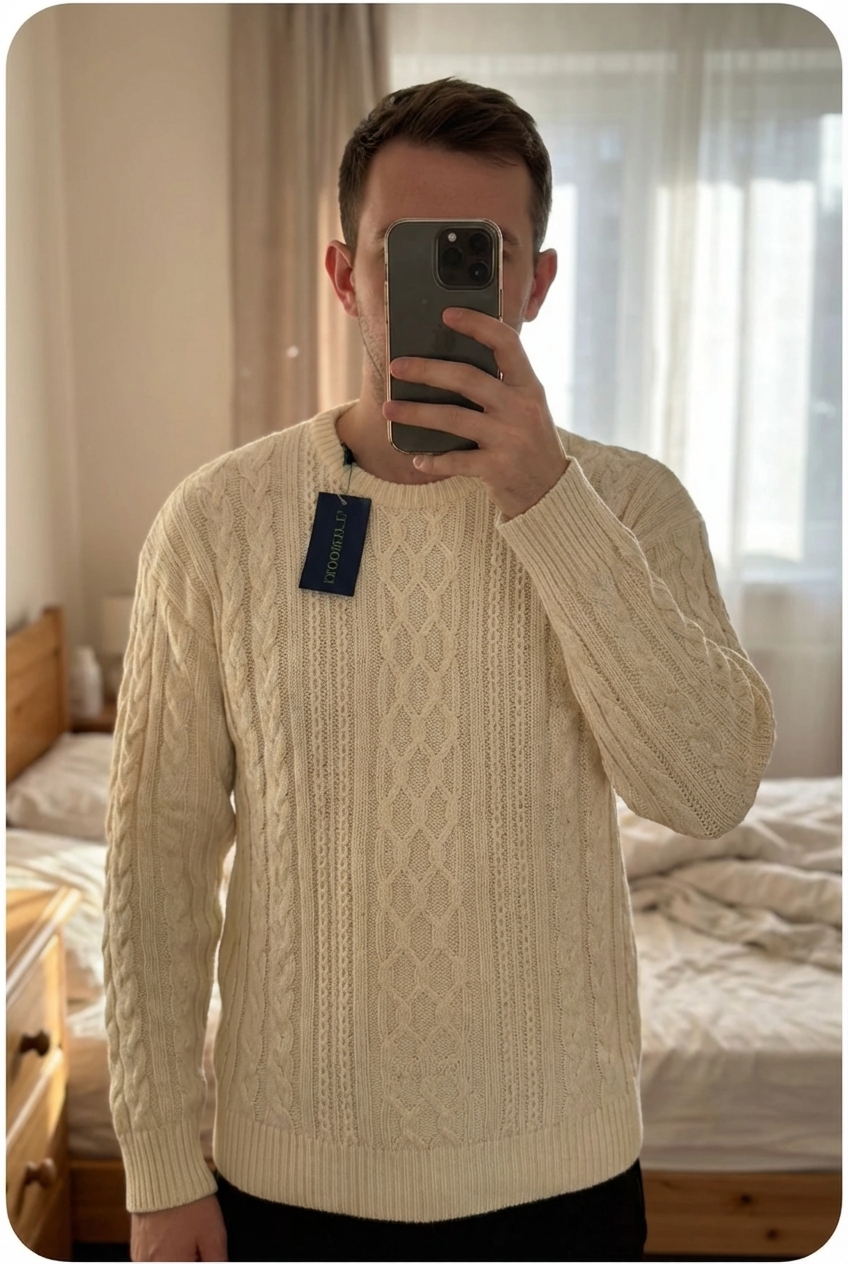 Pull Fait Main Tricot Aran Sweater 100% Acrylique Beige Crème Aran Craft L debout, face à la caméra, dans une chambre à la lumière douce, avec une lumière naturelle filtrant par la fenêtre.