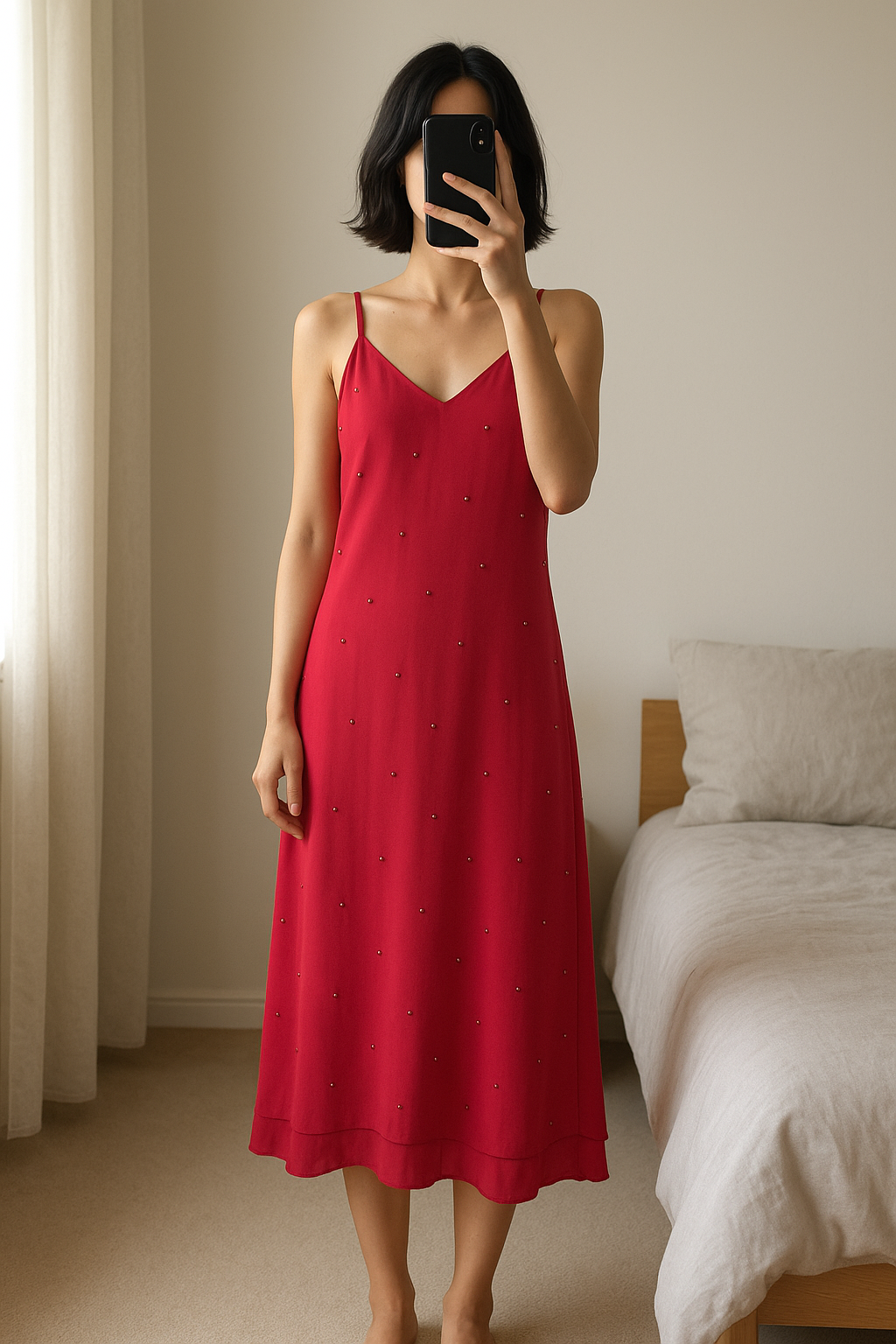 Robe en Voile Rouge Perlée à Bretelles Ajustables - Taille 36/S debout, face à la caméra, dans une chambre à la lumière douce, avec une lumière naturelle filtrant par la fenêtre.