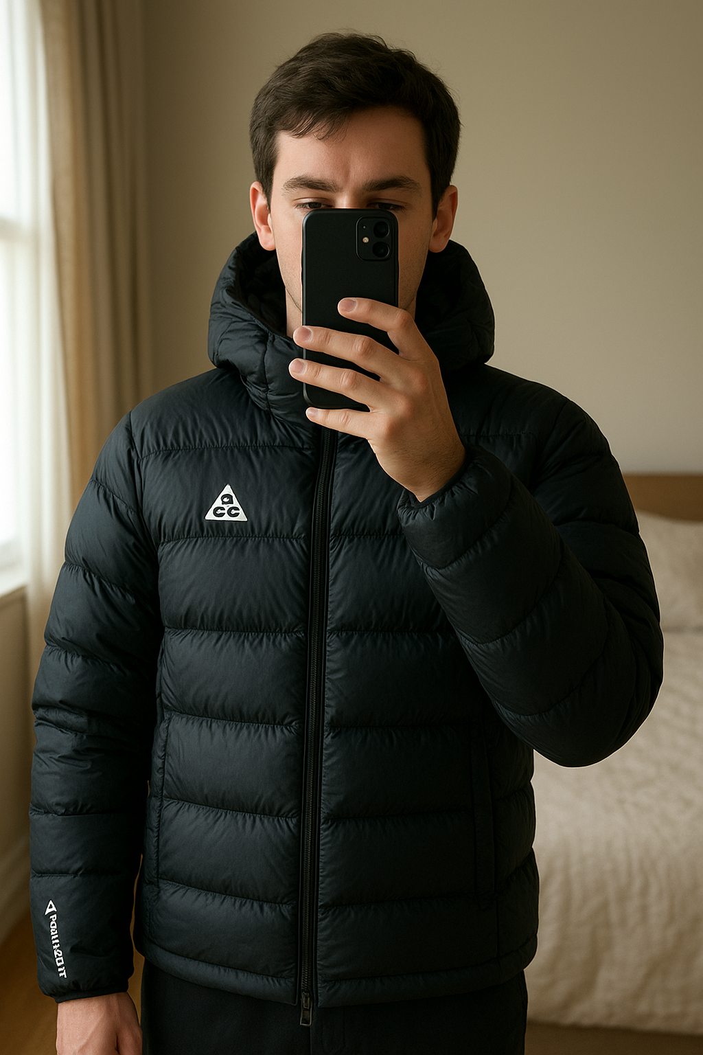Doudoune / jacket Nike acg Taille M neuf debout, face à la caméra, dans une chambre à la lumière douce, avec une lumière naturelle filtrant par la fenêtre.