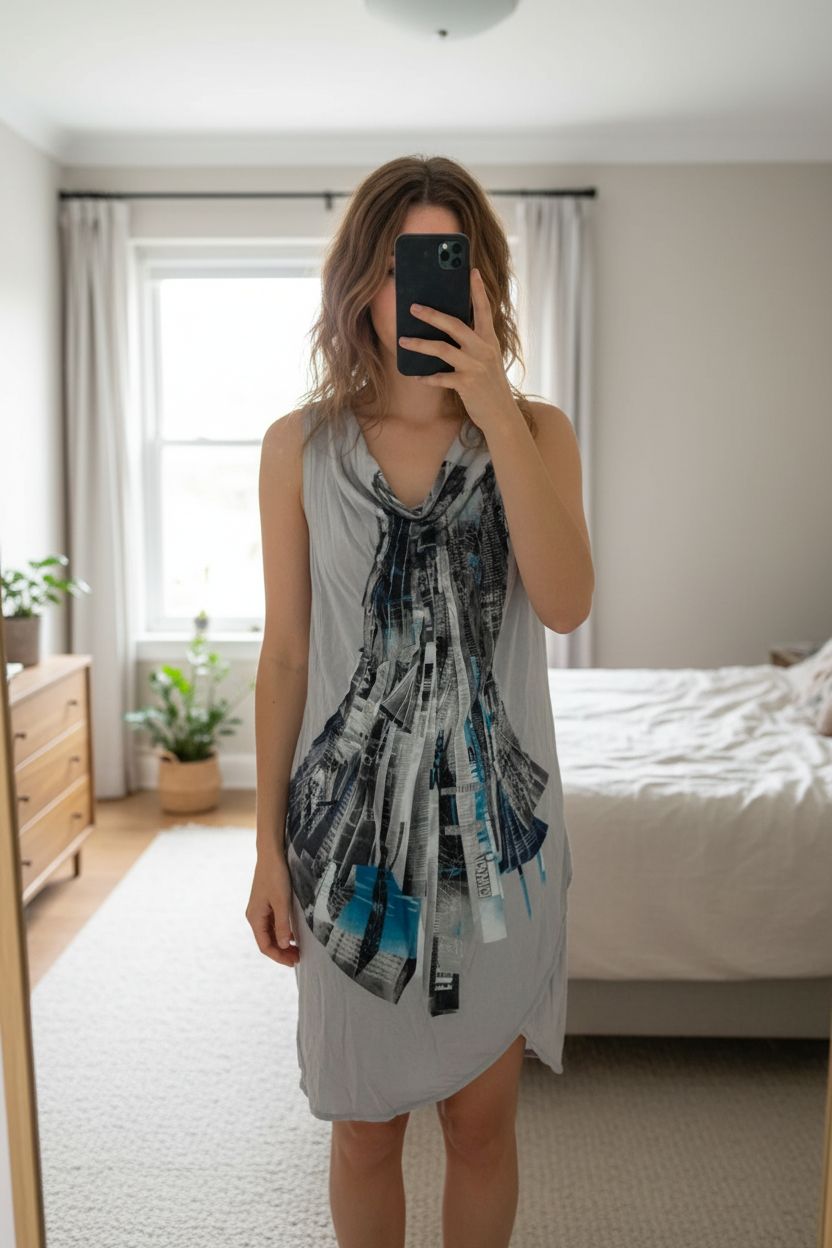 Robe d’été Save the queen grise debout, face à la caméra, dans une chambre à la lumière douce, avec une lumière naturelle filtrant par la fenêtre.