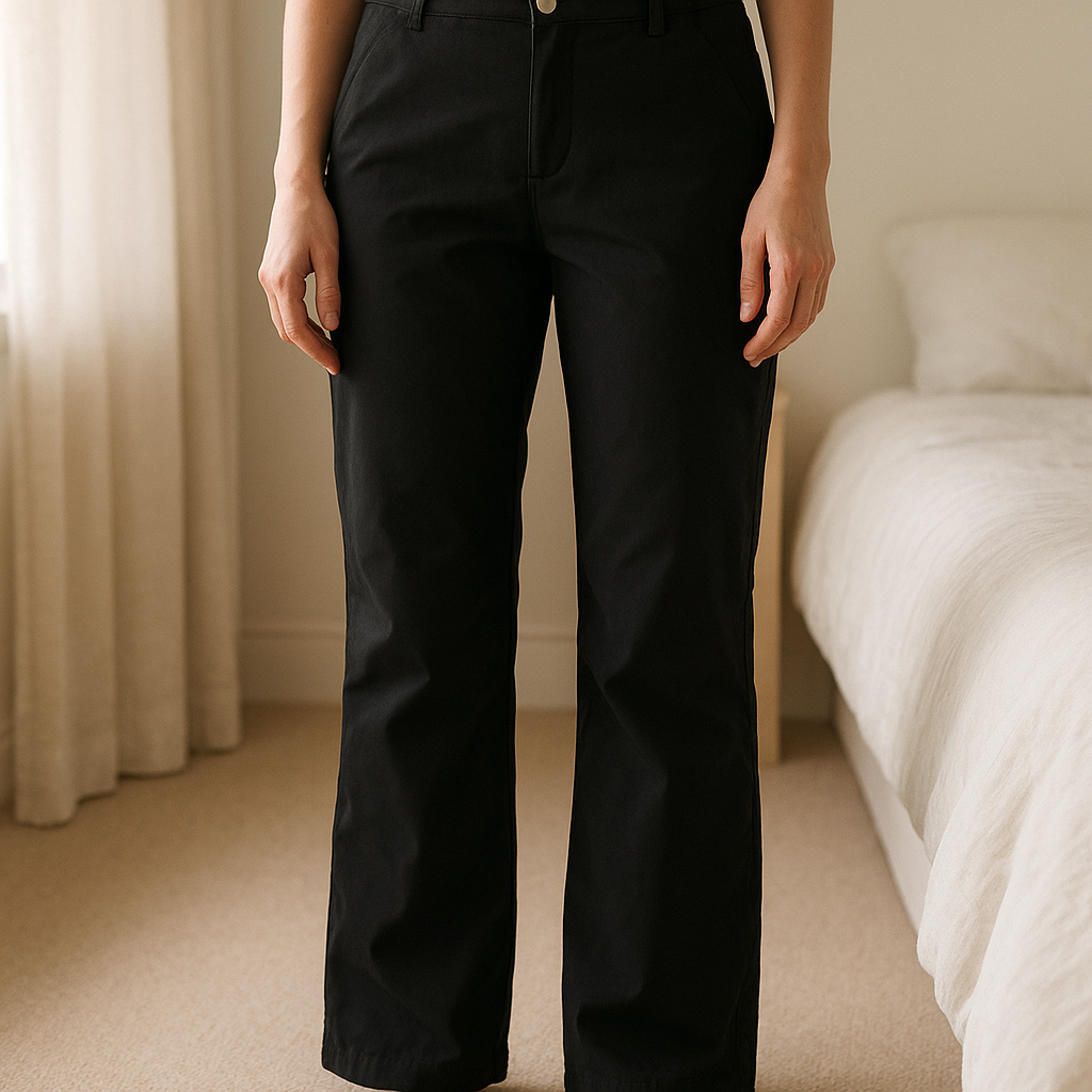 Pantalon ski femme 36 - Pantaloni da sci Neve donna in piedi, rivolto verso la fotocamera, in una camera da letto con luce soffusa e luce naturale che filtra dalla finestra.