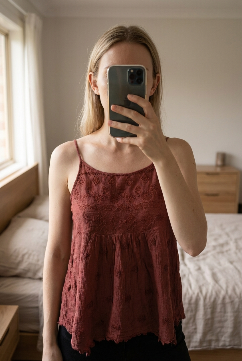 Eine Person in Super schönes, leichtes Sommertop mit Stickerei | Gr. XS aufrecht stehend, der Kamera zugewandt, mit schlanker Figur, in einem sanft beleuchteten Schlafzimmer, mit natürlichem Licht, das durch ein Fenster fällt.