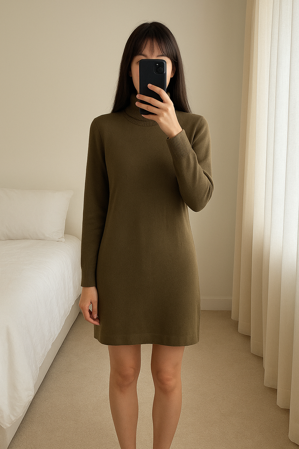 Vestido gola alta Esprit em pé, de frente para a câmera, em um quarto com iluminação suave e luz natural filtrando pela janela.