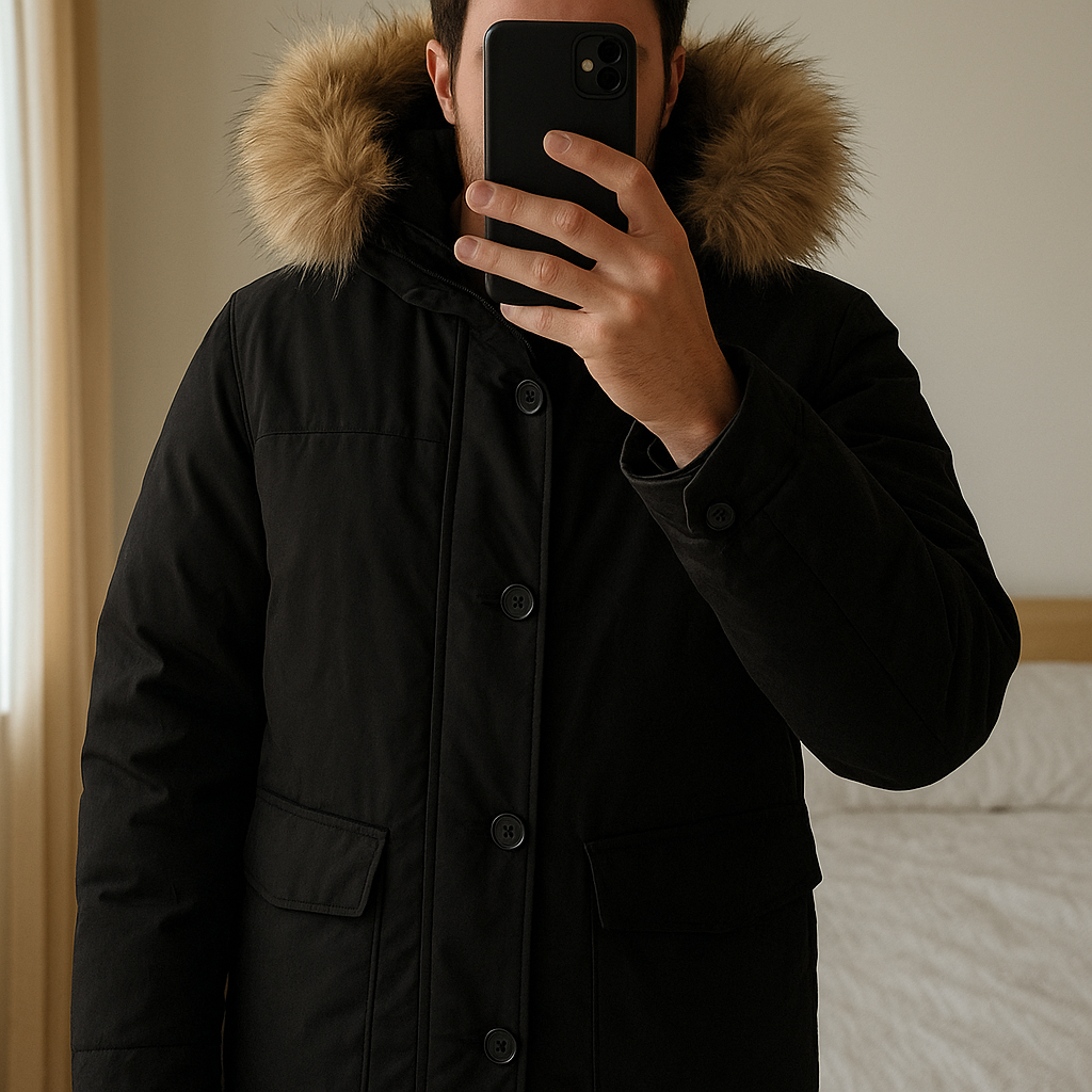 Zara Mens Parka - Size M standing straight facing the camera, in a softly lit bedroom setting, with gentle natural light filtering through a window.