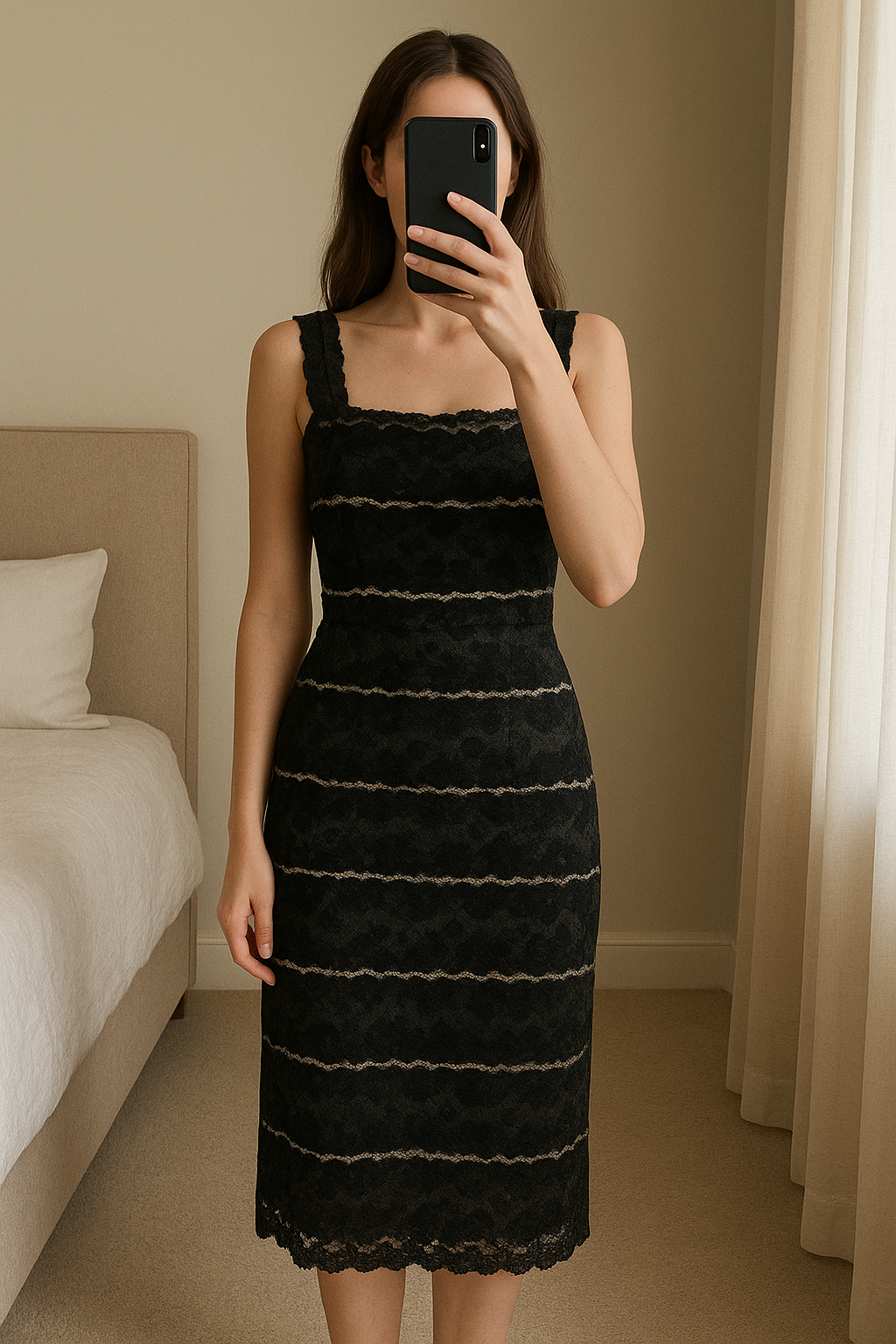 Phase Eight Size 12 Dahlia black lace dress standing straight facing the camera, in a softly lit bedroom setting, with gentle natural light filtering through a window.