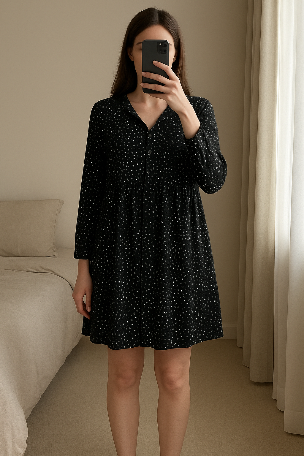 Robe noir à pois blancs longues manches frnch taille S debout, face à la caméra, dans une chambre à la lumière douce, avec une lumière naturelle filtrant par la fenêtre.
