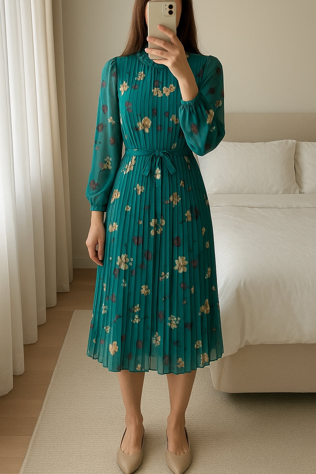 Vestido gasa plisada de pie, mirando a la cámara, en un dormitorio con luz suave y natural filtrándose por la ventana.