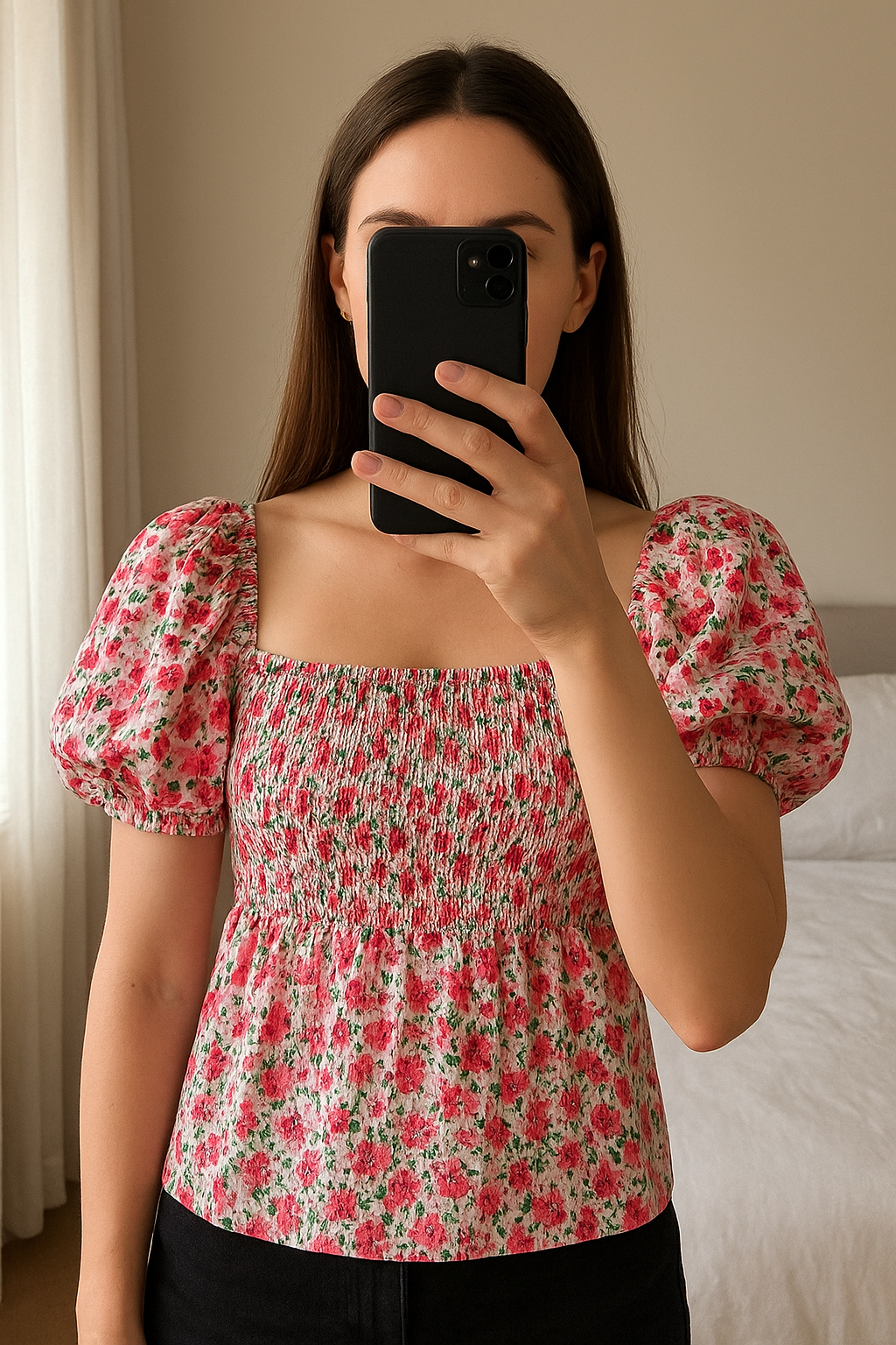 Floral top standing straight facing the camera, in a softly lit bedroom setting, with gentle natural light filtering through a window.