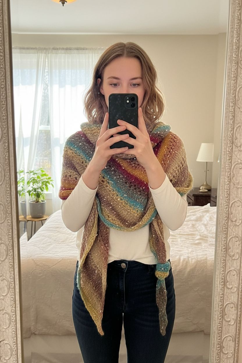 Hand Knit Triangle Scarf Shawl Multicolour Striped Chunky Boho Wrap Handmade standing straight facing the camera, in a softly lit bedroom setting, with gentle natural light filtering through a window.