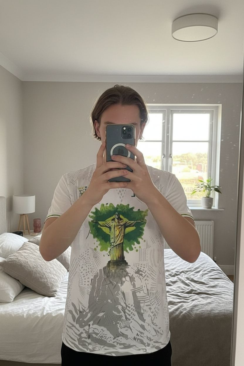 🤍 T-shirt Brasil blanc Corcovado debout, face à la caméra, dans une chambre à la lumière douce, avec une lumière naturelle filtrant par la fenêtre.