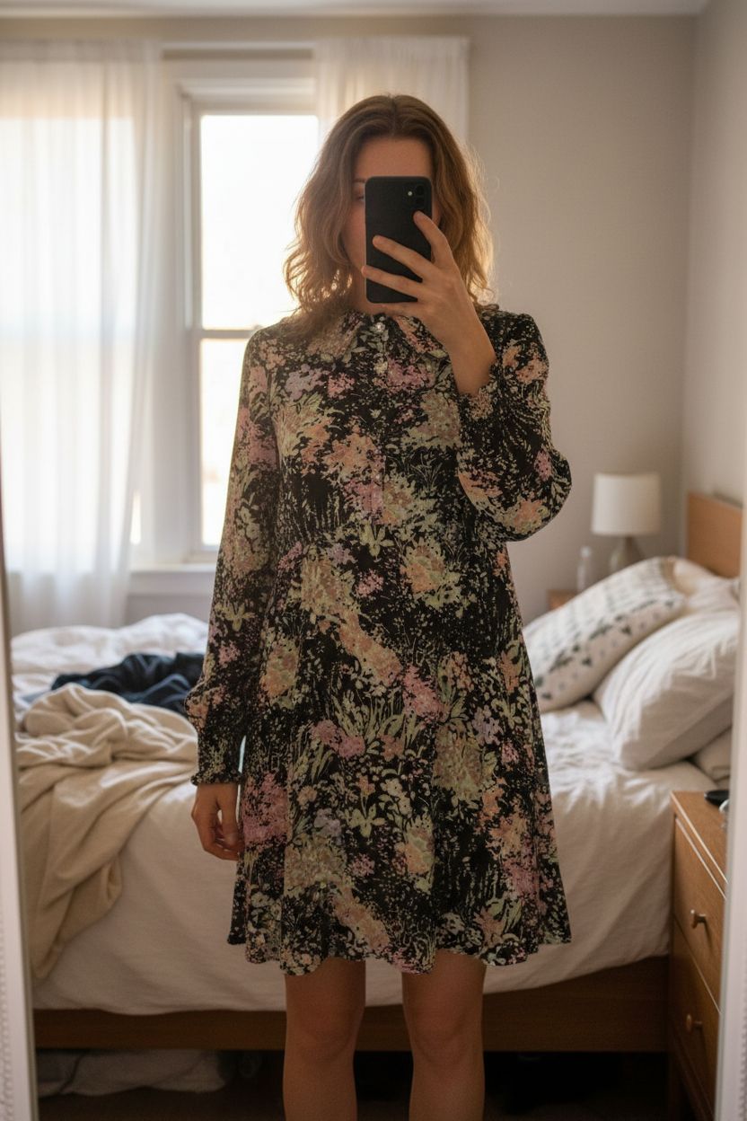 Oliver Bonas dress UK14 black pink floral black pink long sleeve flowy cottagecore whimsigoth standing straight facing the camera, in a softly lit bedroom setting, with gentle natural light filtering through a window.