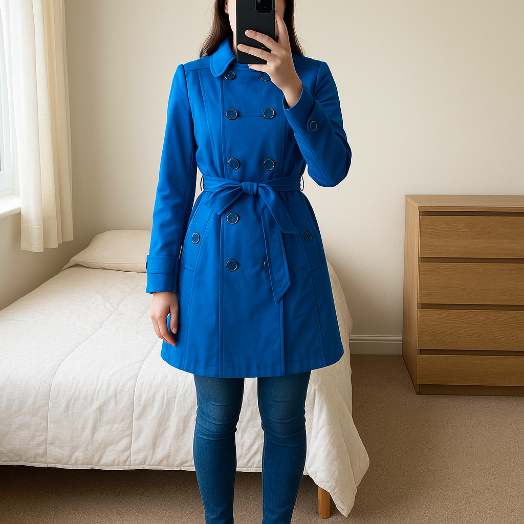 Debenhams Petite Collection Colbalt Blue Belted Double Breasted Trench Coat - 14 Petite standing straight facing the camera, in a softly lit bedroom setting, with gentle natural light filtering through a window.