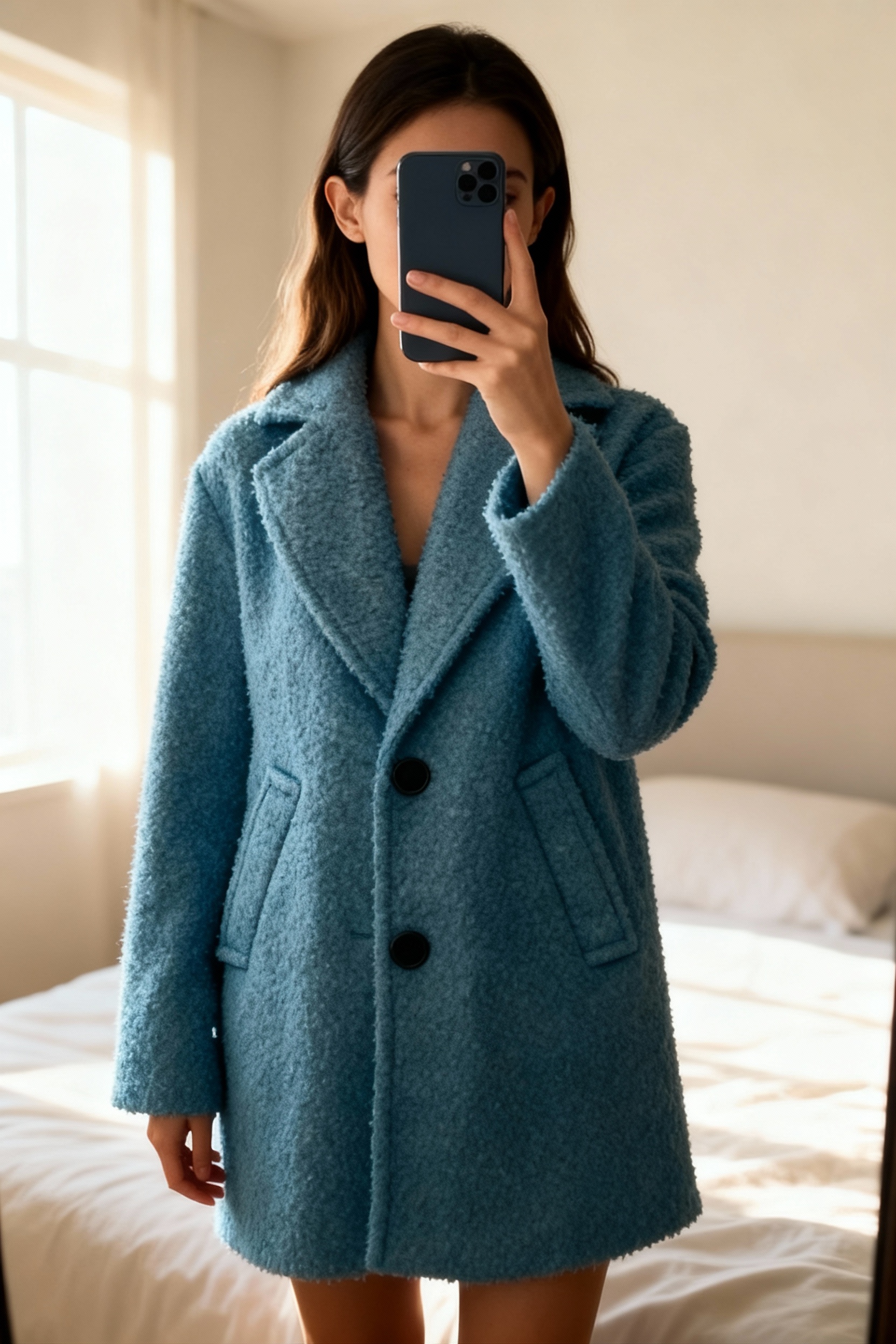 Manteau teddy debout, face à la caméra, dans une chambre à la lumière douce, avec une lumière naturelle filtrant par la fenêtre.