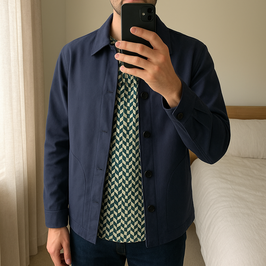 Harry brown Mens jacket standing straight facing the camera, in a softly lit bedroom setting, with gentle natural light filtering through a window.