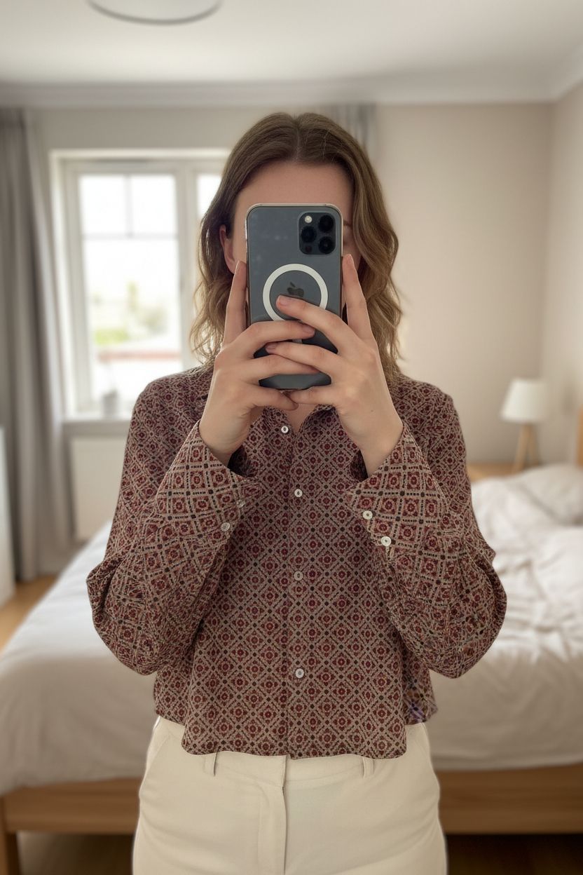 Chemise courte à motifs Zara M - Camicia crop Zara M in piedi, rivolto verso la fotocamera, in una camera da letto con luce soffusa e luce naturale che filtra dalla finestra.