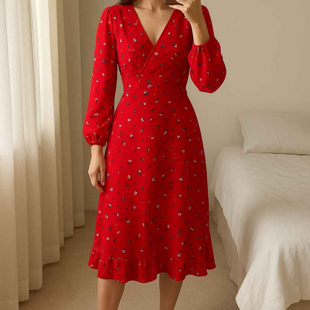 Robe 👗 debout, face à la caméra, dans une chambre à la lumière douce, avec une lumière naturelle filtrant par la fenêtre.