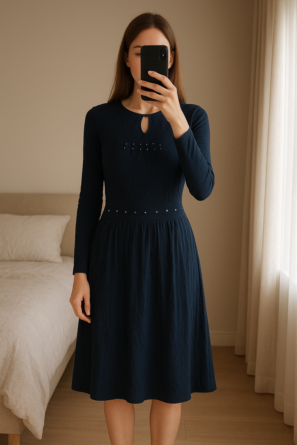 Nieuwe blauwe Ensemble - La Gaviotta - maat 4 debout, face à la caméra, dans une chambre à la lumière douce, avec une lumière naturelle filtrant par la fenêtre.