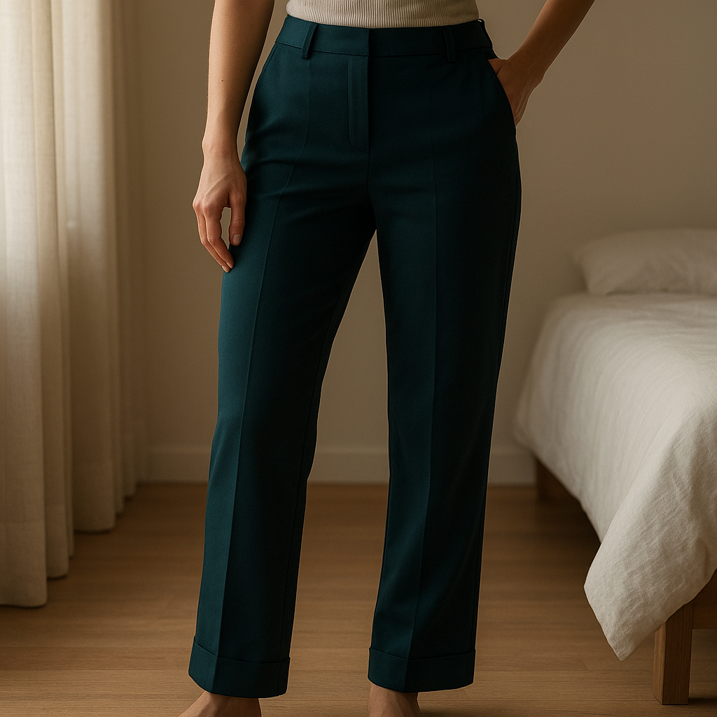 Una persona in Pantalon jambes larges fluide noir 38 - Pantaloni Nero inarcando leggermente la schiena per una posa dinamica, in una camera da letto con luce soffusa e luce naturale che filtra dalla finestra.