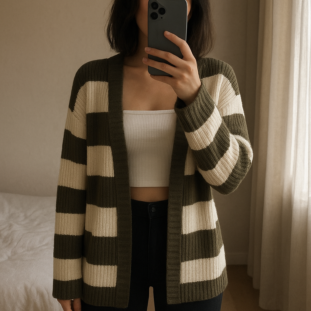 Cardigan oversized à rayures vert kaki et blanc taille unique debout, face à la caméra, dans une chambre à la lumière douce, avec une lumière naturelle filtrant par la fenêtre.