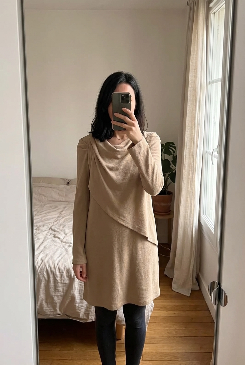 Robe Vanessa Bruno camel T2 debout, face à la caméra, dans une chambre à la lumière douce, avec une lumière naturelle filtrant par la fenêtre.