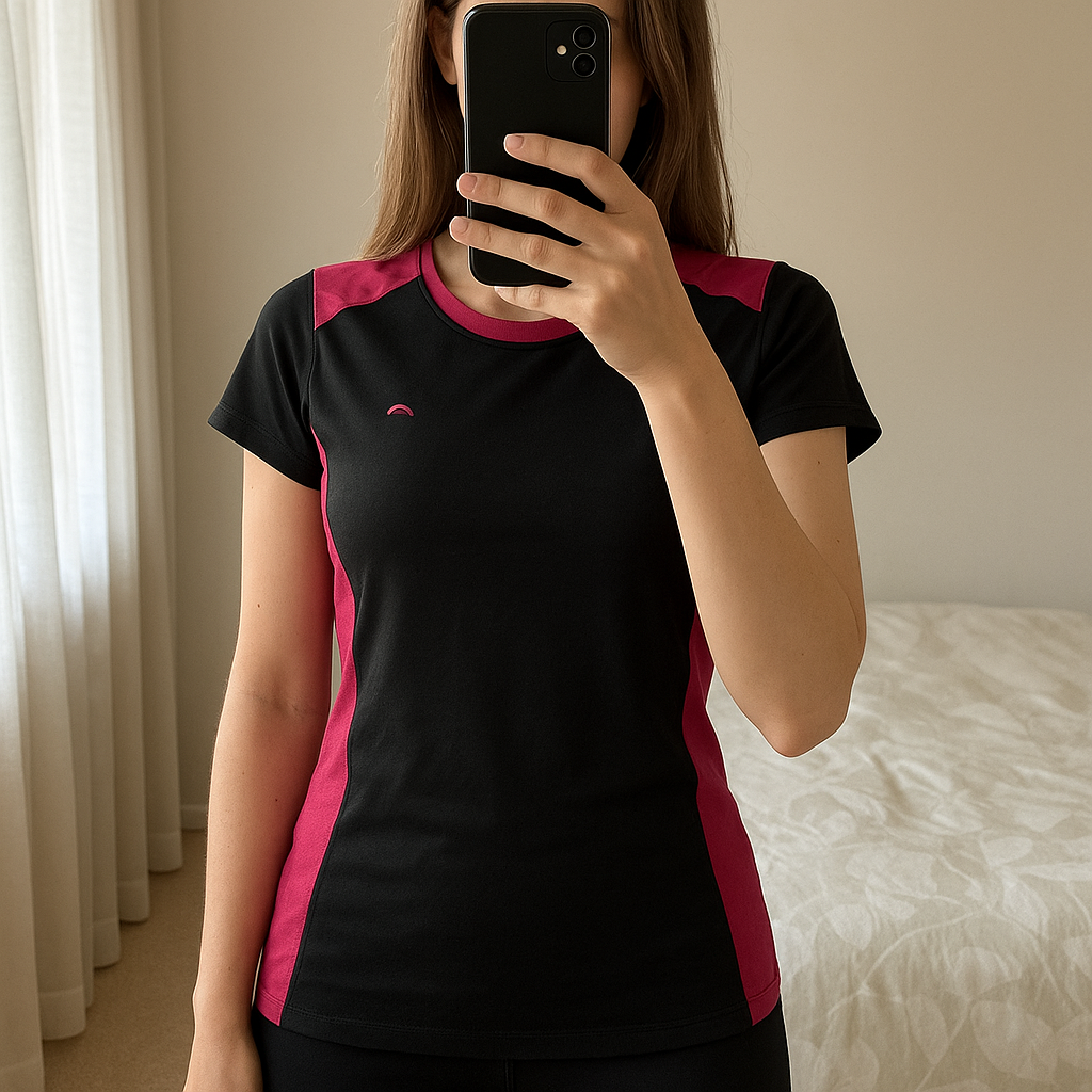 Pink & Black Dri Fit Sports Top standing straight facing the camera, in a softly lit bedroom setting, with gentle natural light filtering through a window.