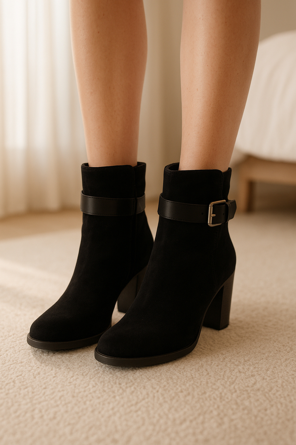 Talons JustFab debout, face à la caméra, dans une chambre à la lumière douce, avec une lumière naturelle filtrant par la fenêtre.