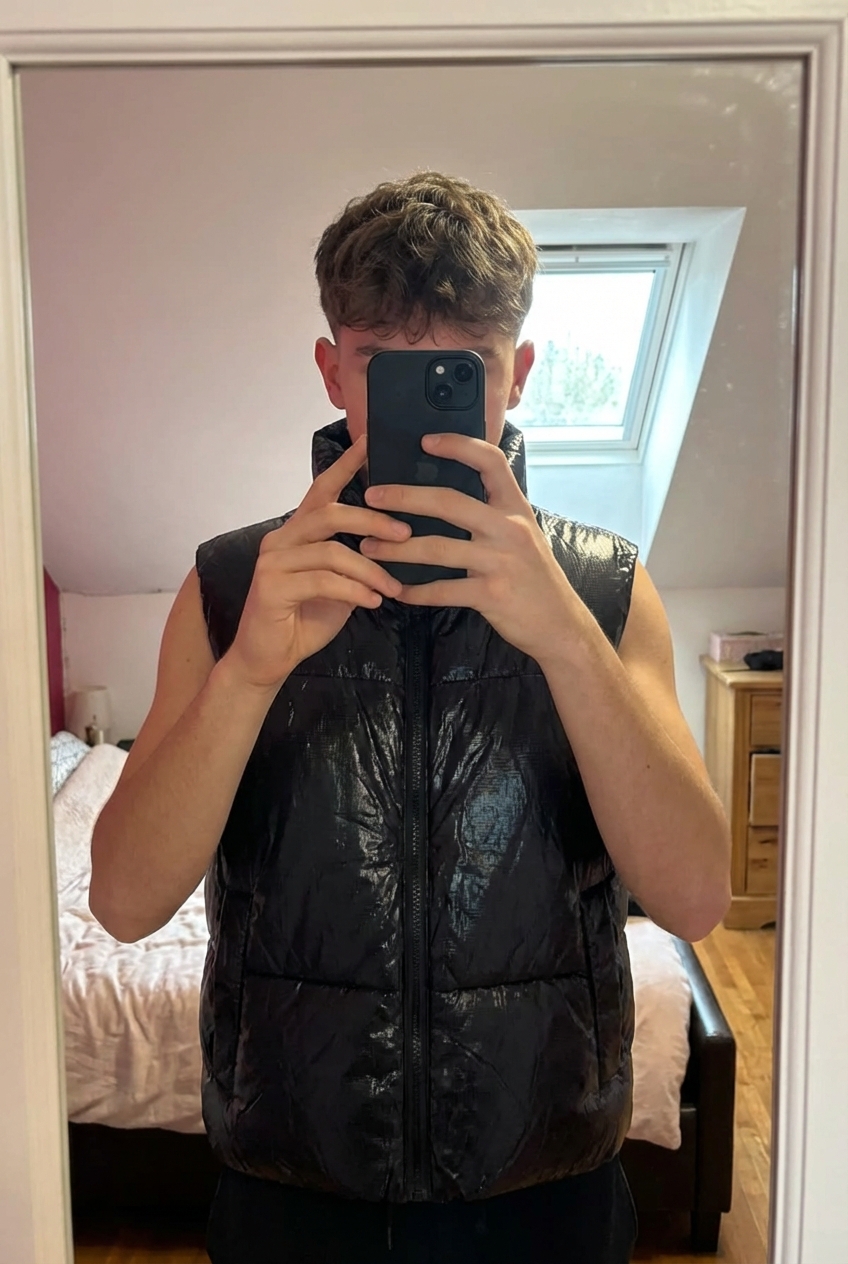 Veste sans manche debout, face à la caméra, dans une chambre à la lumière douce, avec une lumière naturelle filtrant par la fenêtre.