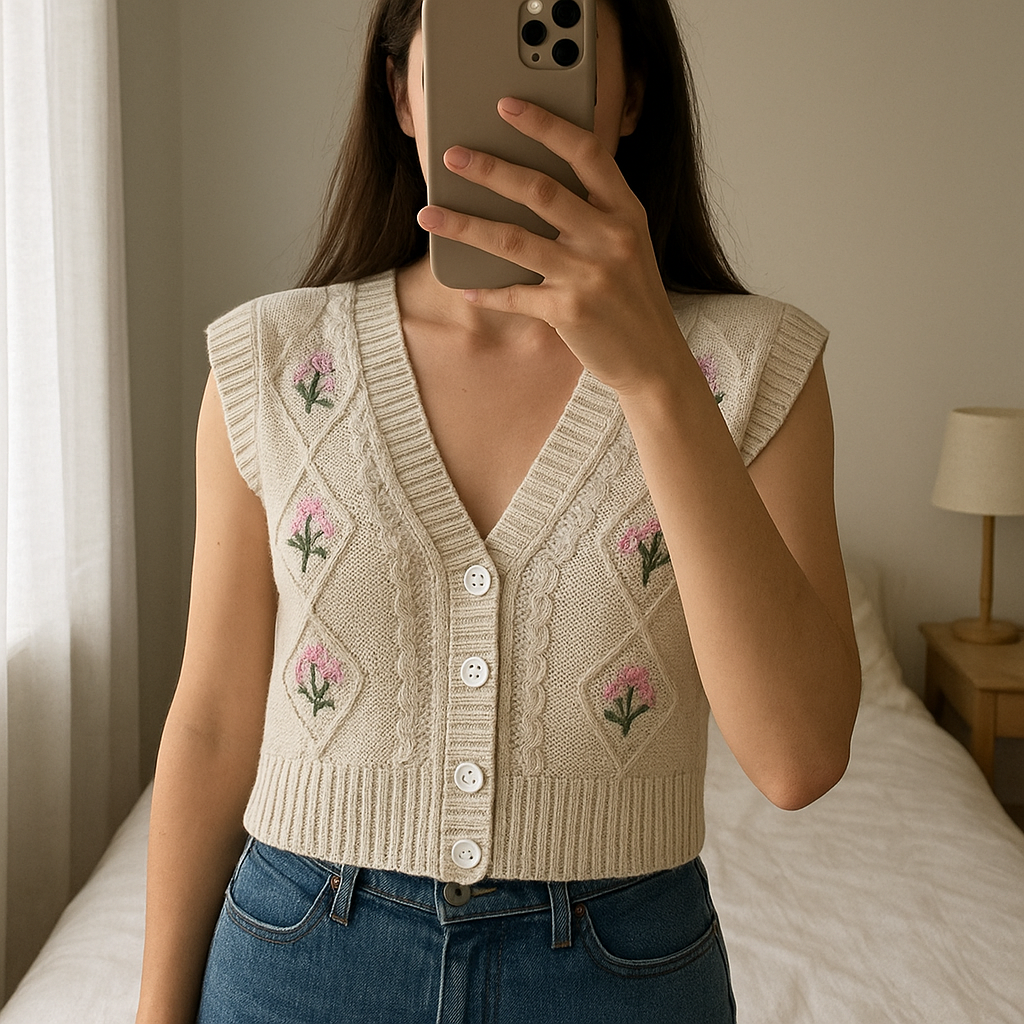 Gilet laine debout, face à la caméra, dans une chambre à la lumière douce, avec une lumière naturelle filtrant par la fenêtre.