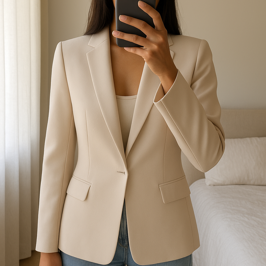 Une personne en Blazer Zara T34 beige debout, face à la caméra, dans une chambre à la lumière douce, avec une lumière naturelle filtrant par la fenêtre.