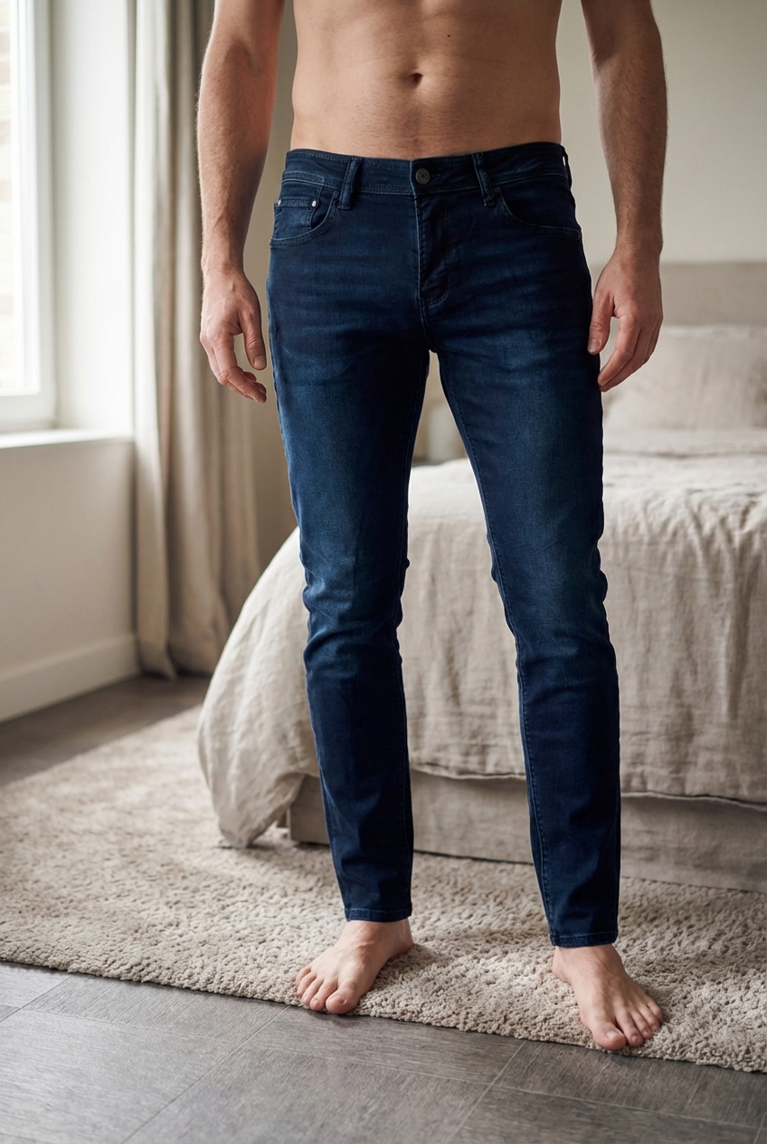 Blue jogg le temps des cerises 31 neuf debout, face à la caméra, dans une chambre à la lumière douce, avec une lumière naturelle filtrant par la fenêtre.