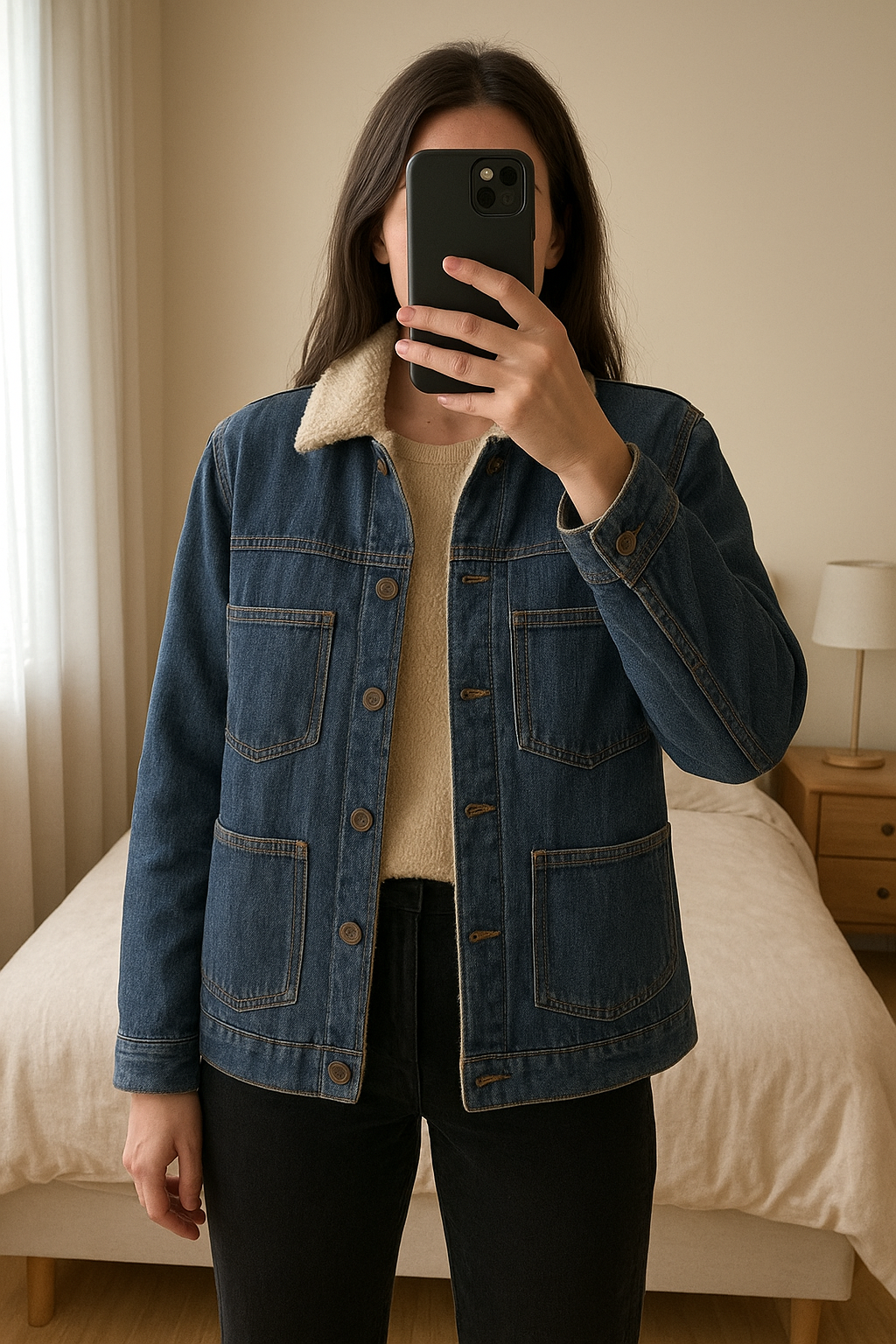 Blouson Chloé Stora Taille M debout, face à la caméra, dans une chambre à la lumière douce, avec une lumière naturelle filtrant par la fenêtre.